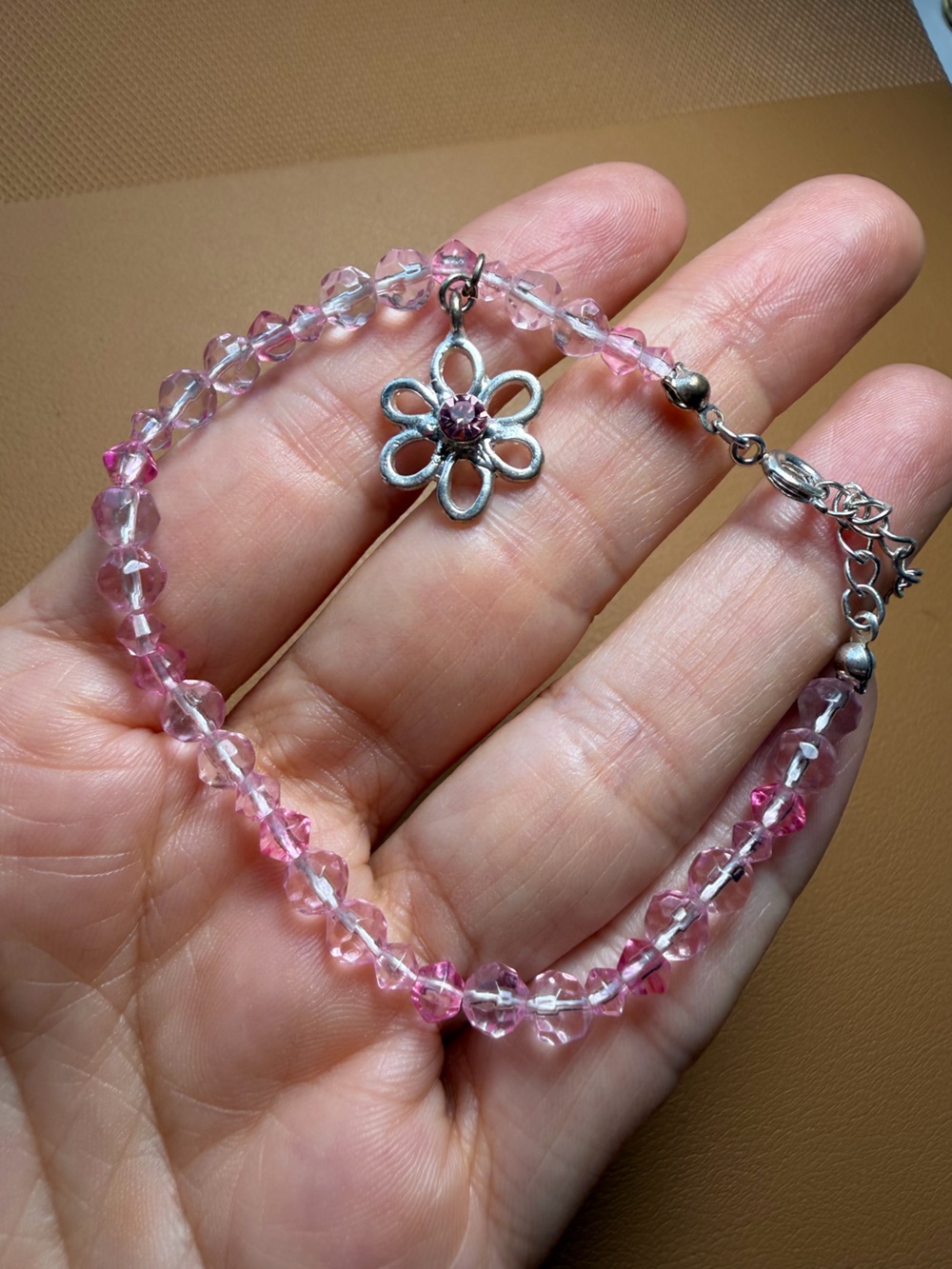 Faceted Pink Crystal Beaded Bracelet with Silver Flower Charm